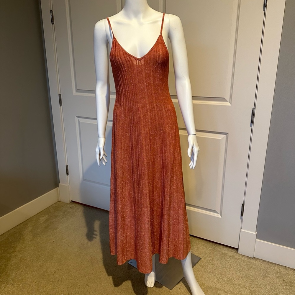 Sandro Rust Metallic Knit Slip Dress